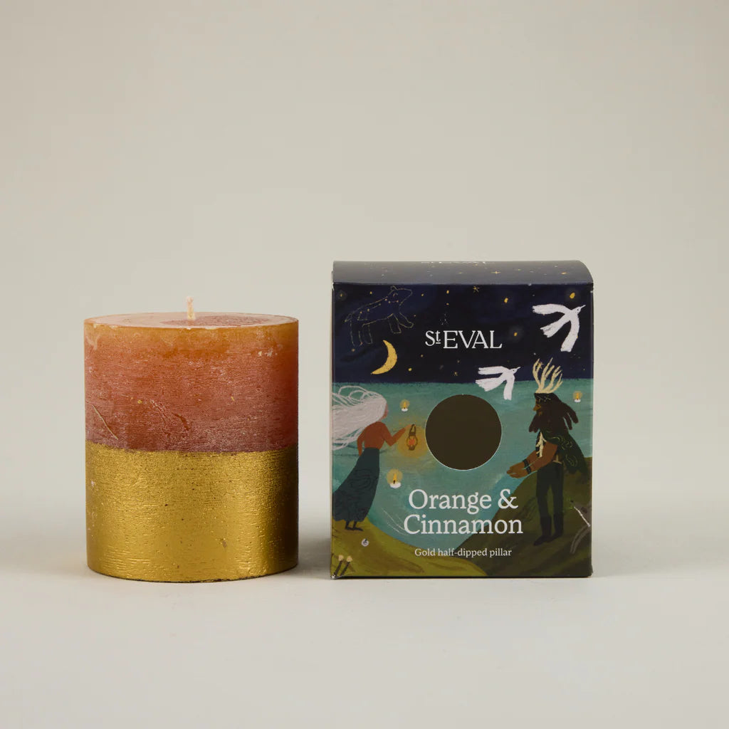 Gold Half Dipped Pillar Candle Orange & Cinnamon - F00526 - Uneeka