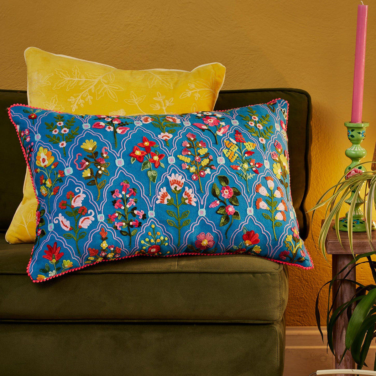 Blue Embroidered Country Garden Cushion  CC5 - Uneeka