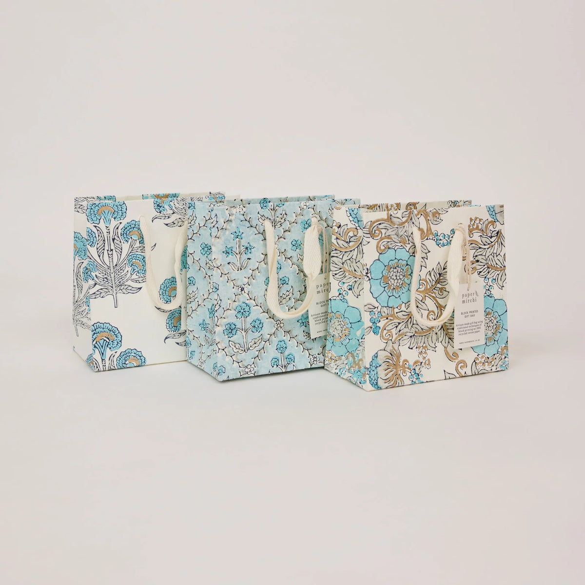 Blue Block Print Small Gift Bag - All three styles together - Uneeka