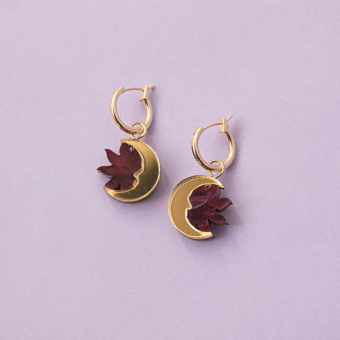 Brass Moon & Acrylic Sun Hoops - Merlot Red & Gold Earrings - Uneeka