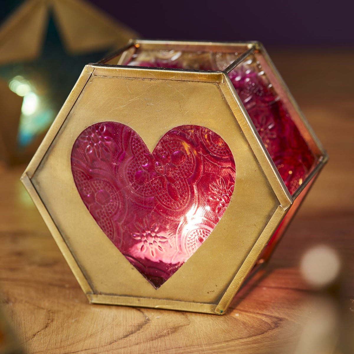 Brass & Pink Heart Cut-Out Hexagon Lantern - LT192 - Uneeka