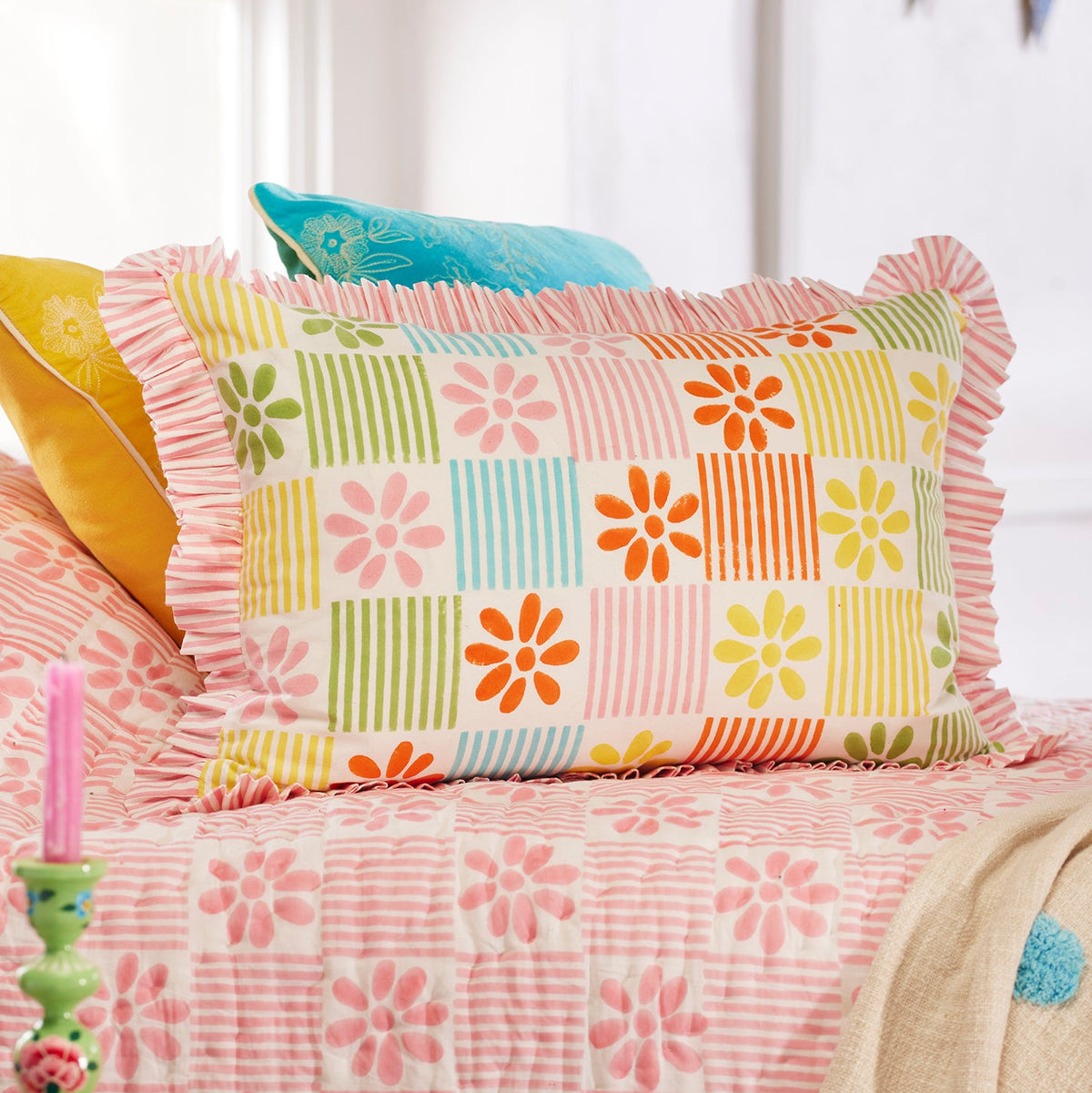 Brightly Coloured Daisy Check Rectangular Cushion - CCL21 - Uneeka