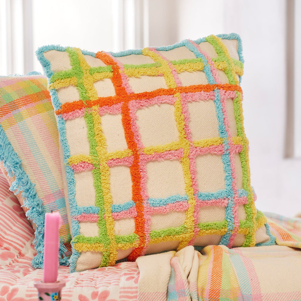 Pastel Coloured Tufted Check Cushion - CC252 - Uneeka