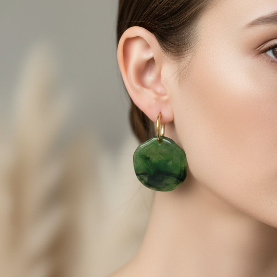Coloured Disc Gold Drop Hoop Earrings -CE-4100-GGR - Uneeka