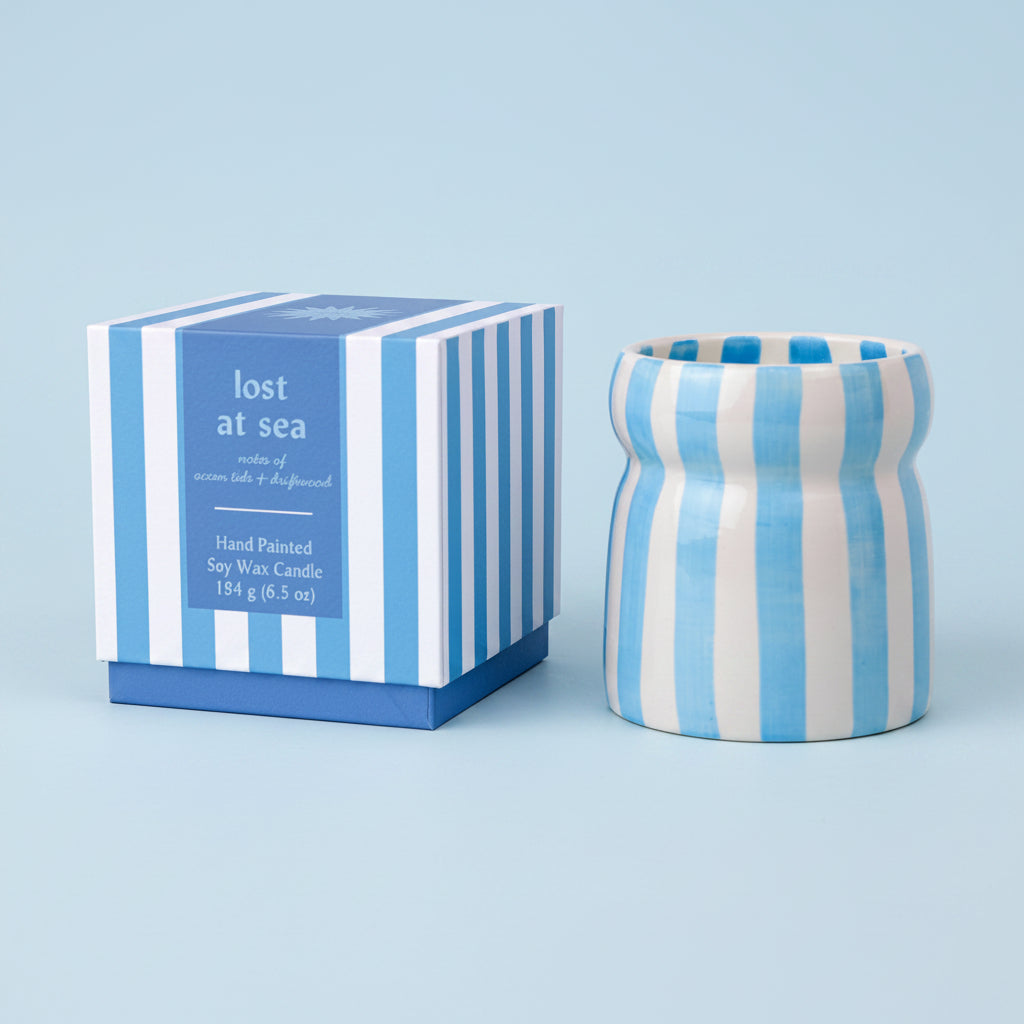 Ceramic Blue Striped Candle Ocean & Driftwood - CAB0704EU - Uneeka