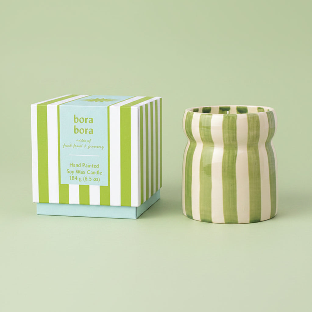 Ceramic Sage Striped Candle Fresh Fruit & Greenery - CAB0706EU - Uneeka