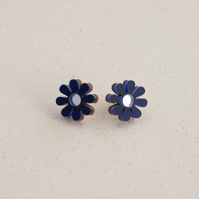 Colourful Daisy Stud Earrings - Blue & Silver FSC approved wood & acrylic earrings - Uneeka