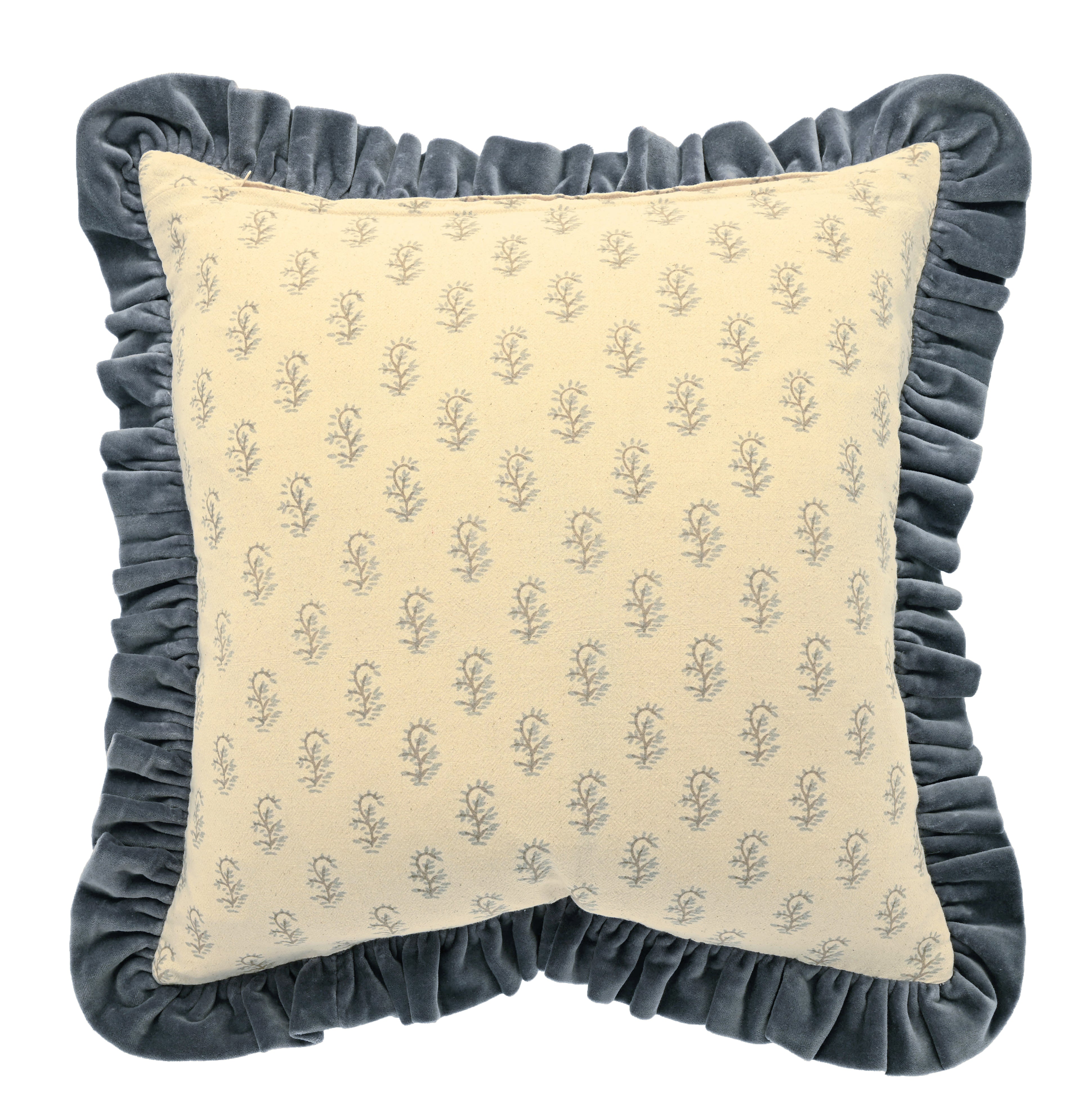Cotton Velvet Ruffle Edge Cushion - Blue - Uneeka