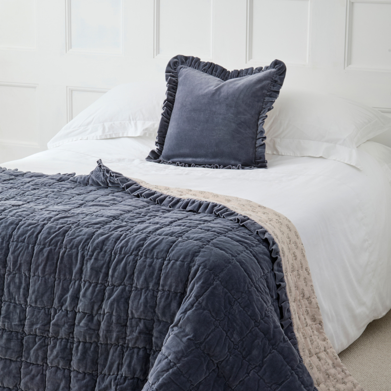 Cotton Velvet Ruffle Edge Cushion - Blue - Uneeka