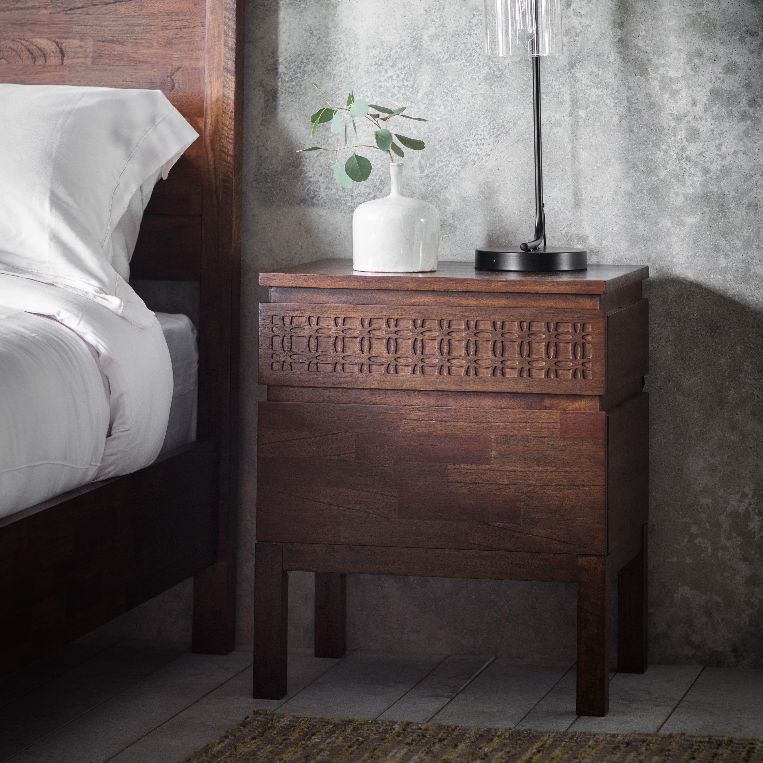 Dark Wood Bohemian Bedside Table - Uneeka