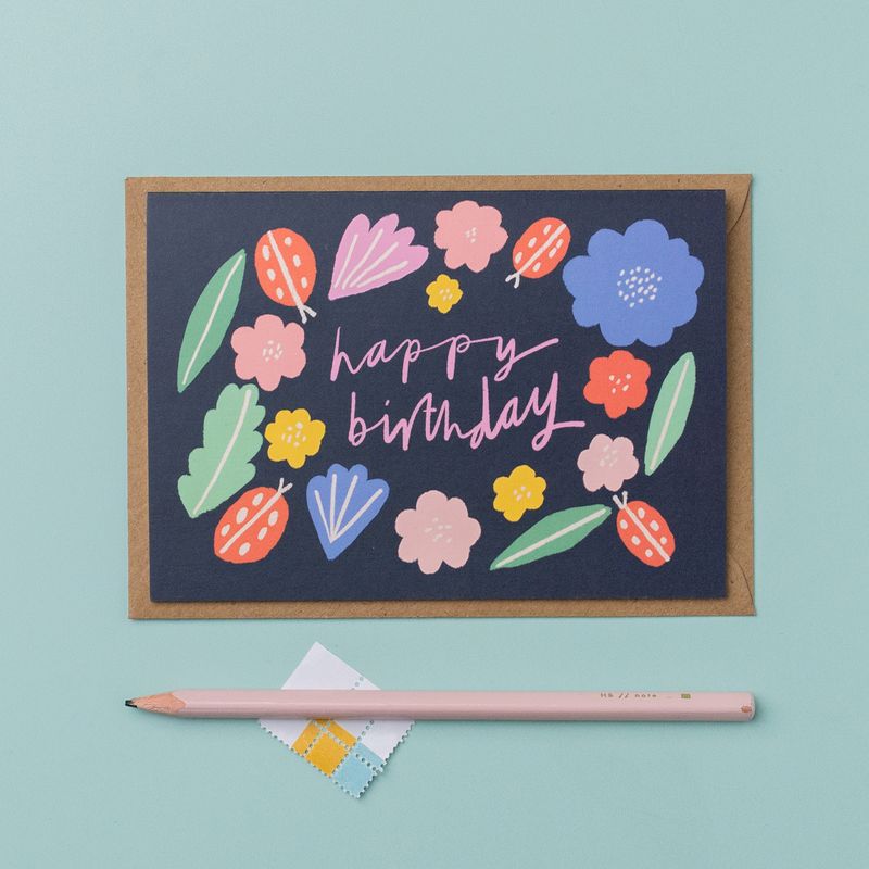 Floral Wreath & Ladybird Happy Birthday Card- B16 Birthday Wreath - Uneeka