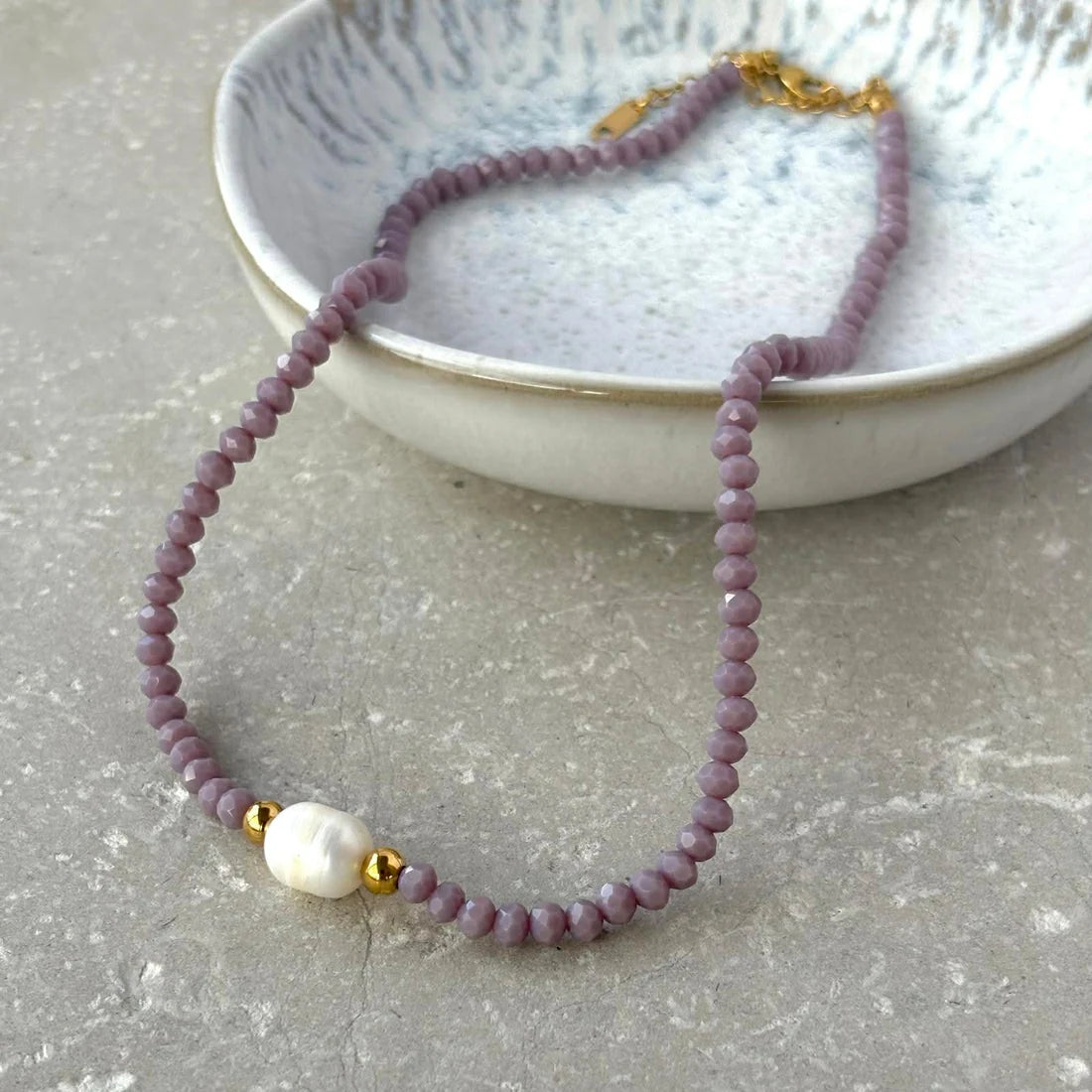 Gold Pearl & Bead Necklace Purple - Uneeka
