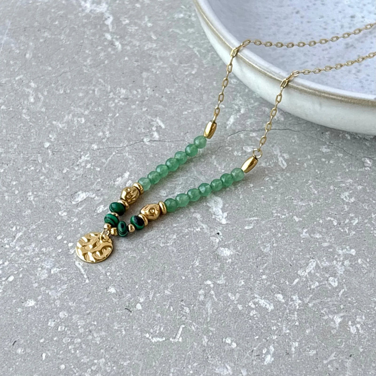 Green Beaded Necklace With Gold Disc - NCK016 - Uneeka