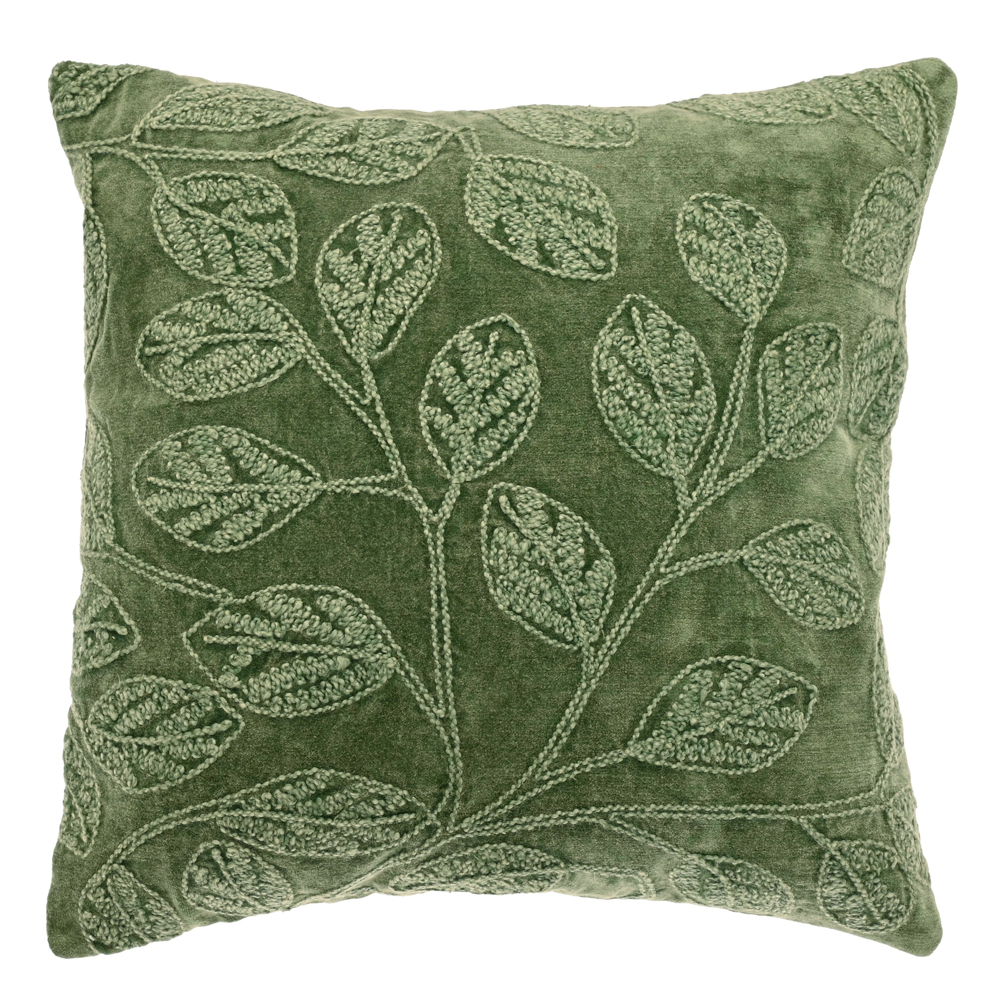 Green Velvet Embroidered Leaf Cushion - VVCEL-F - Uneeka