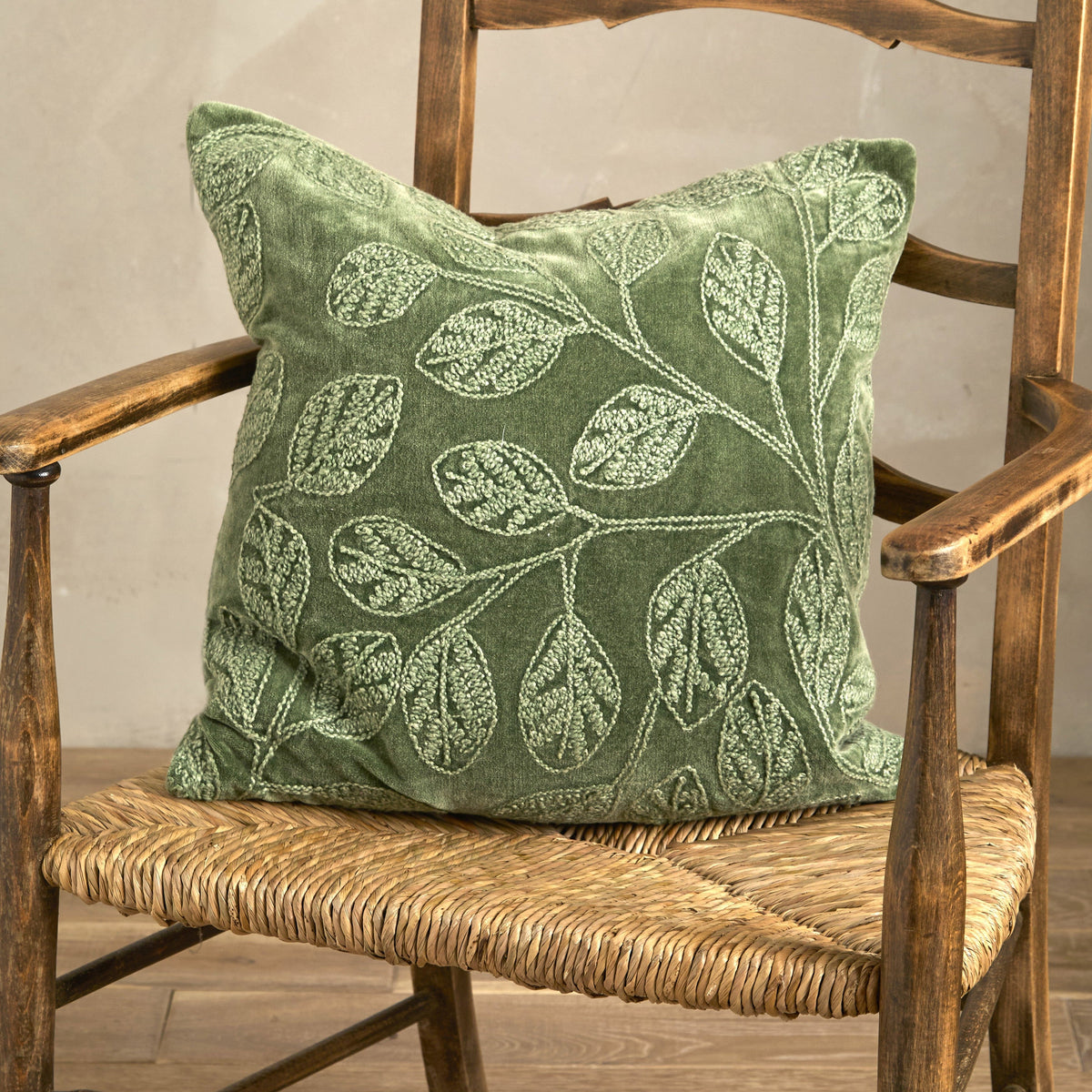 Green Velvet Embroidered Leaf Cushion - VVCEL-F - Uneeka