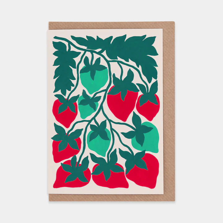 Illustrated Red & Green Strawberries Art Card - Uneeka