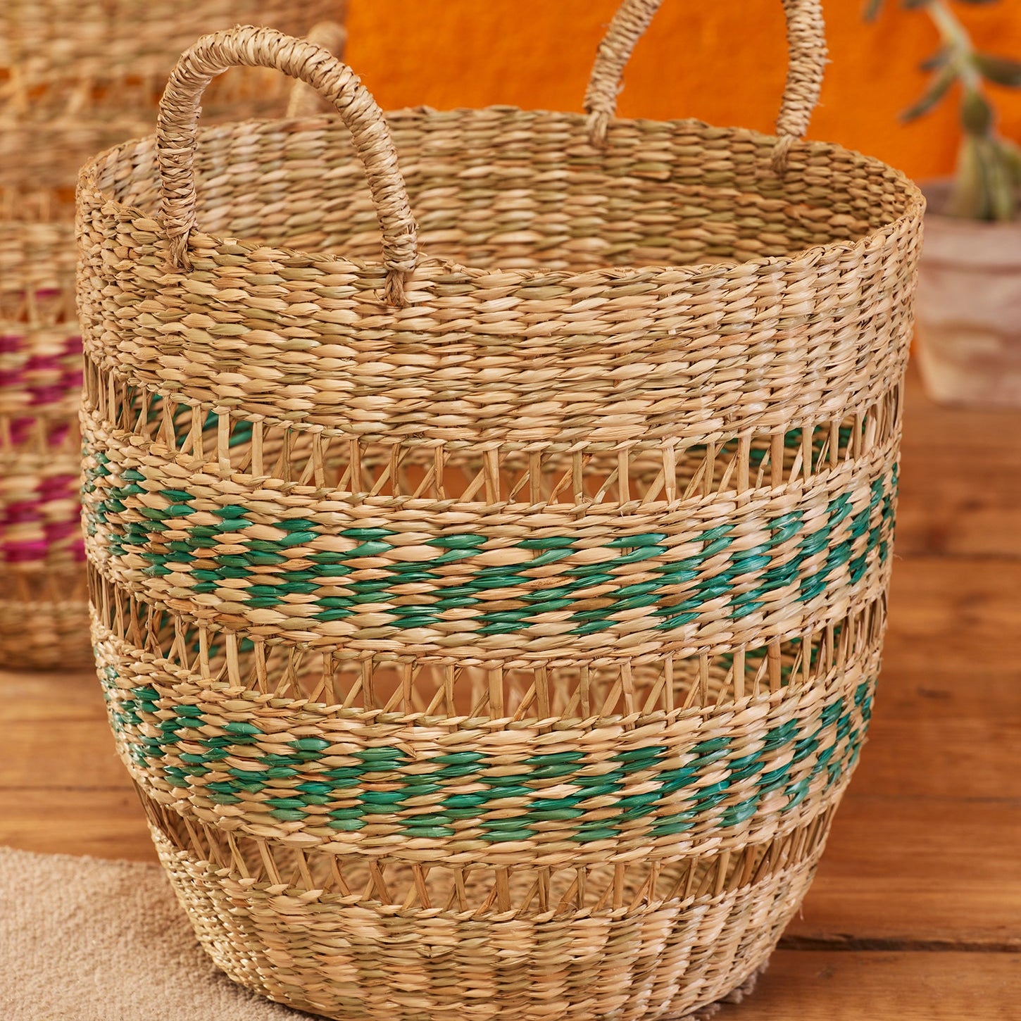 Open Weave Hand Painted Stripe Seagrass Round Basket - Turquoise Large - Uneeka