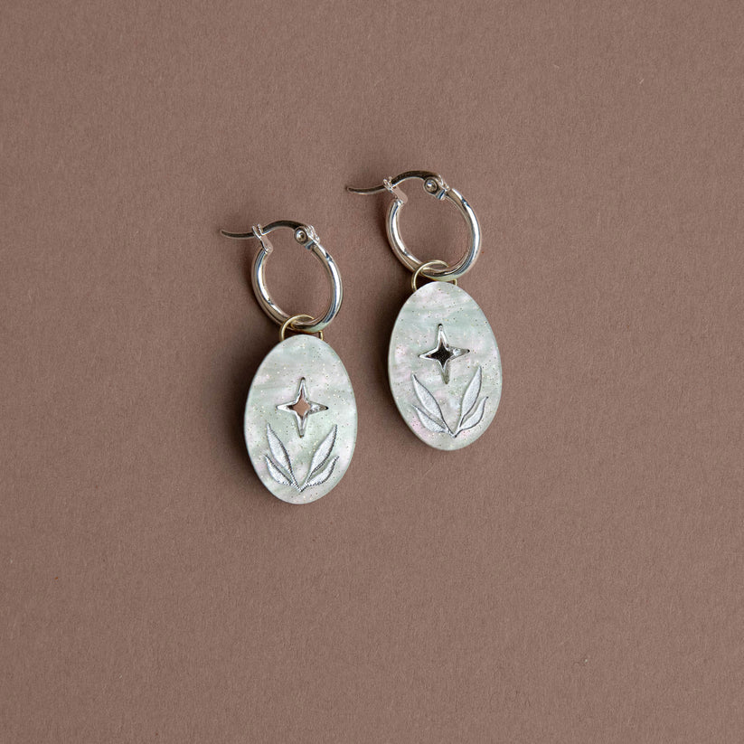 Oval Celestial Seaweed Hoops - Silver Etchings - Uneeka