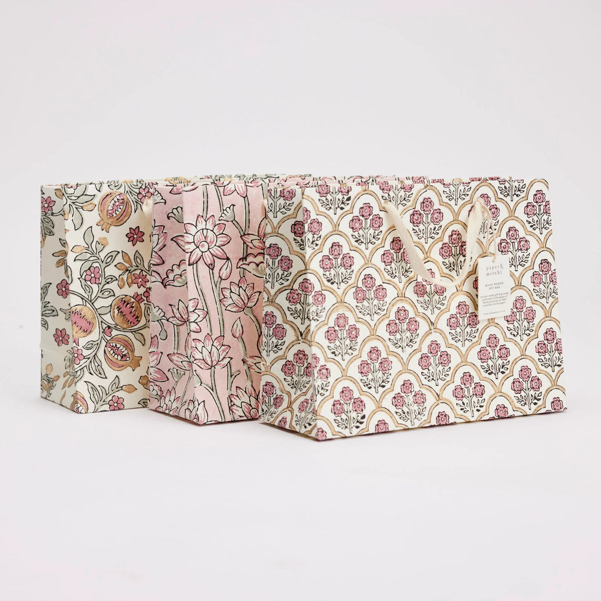 Pink Block Print Medium Gift Bag - all three styles together - Uneeka