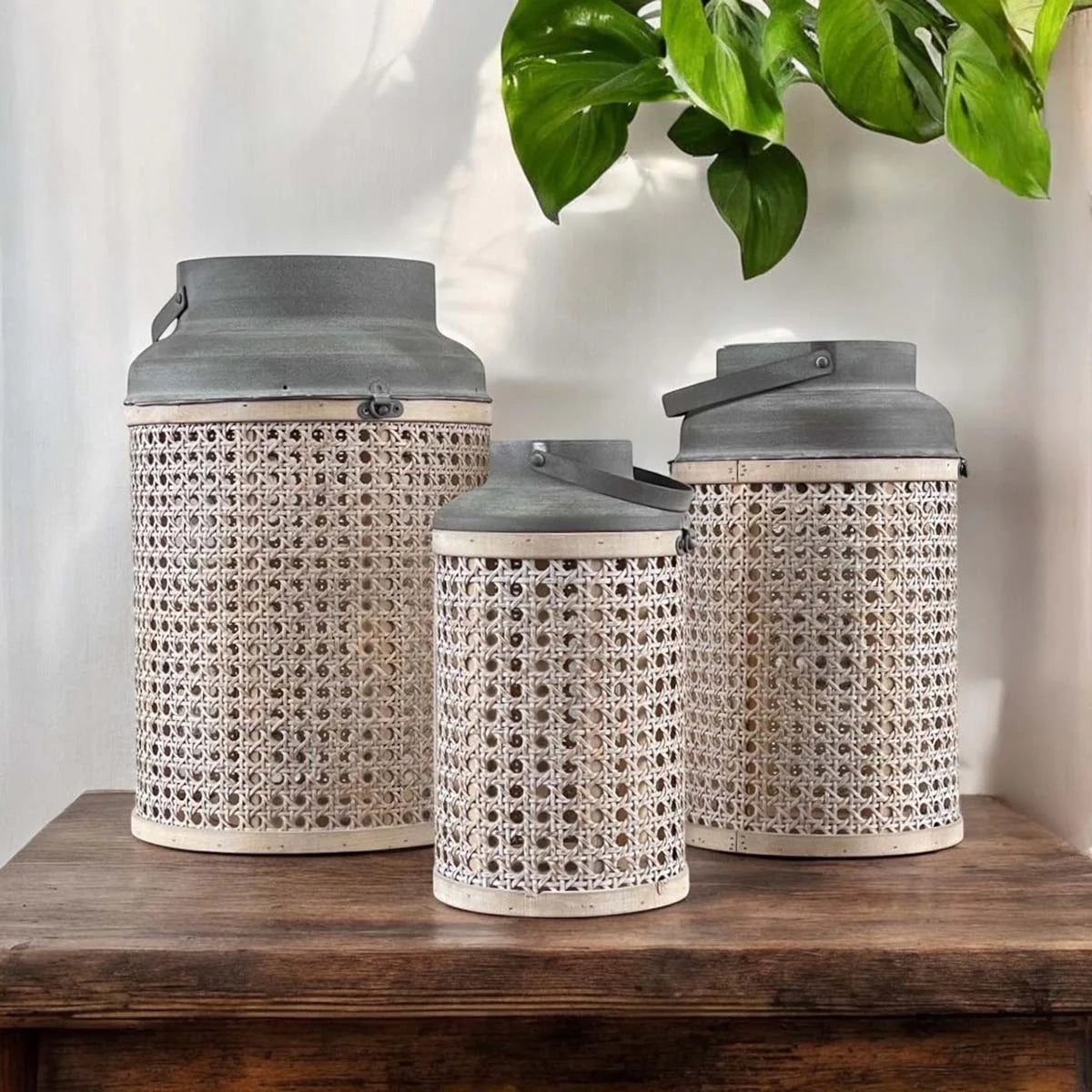 Rattan & Metal Hurricane Lantern - SET OF 3 BANYU LANTERNS - Uneeka