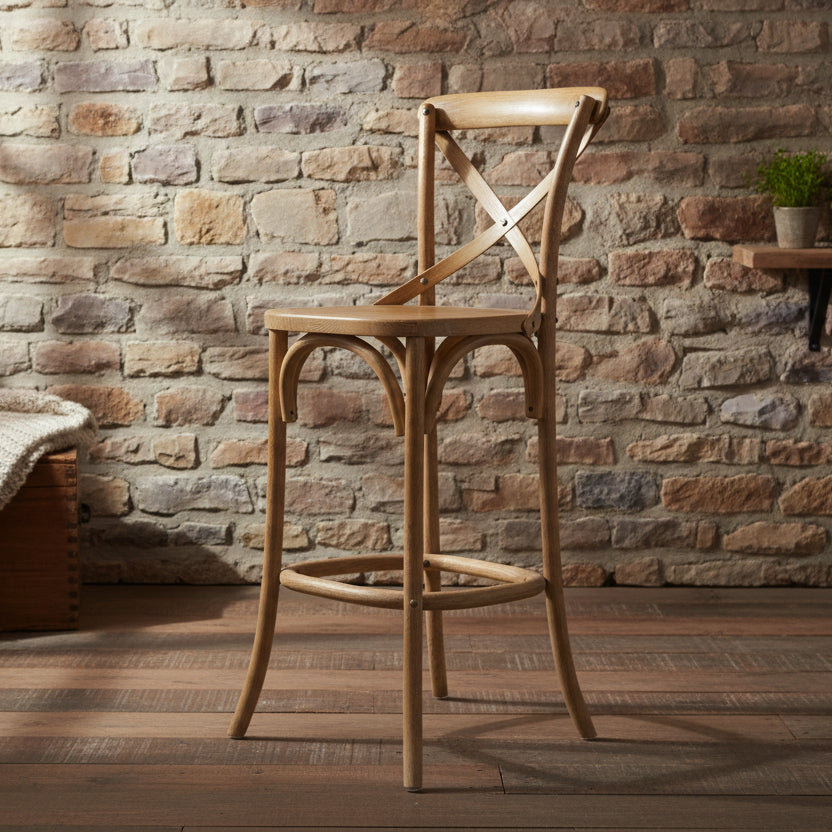 Reclaimed Elm Wood Cross-Back Bar Stool - BWC11 - Uneeka