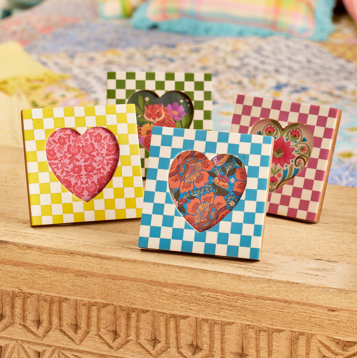 Small Square Bright Coloured Heart Photo Frame Pink, Yellow, Green, Blue Uneeka