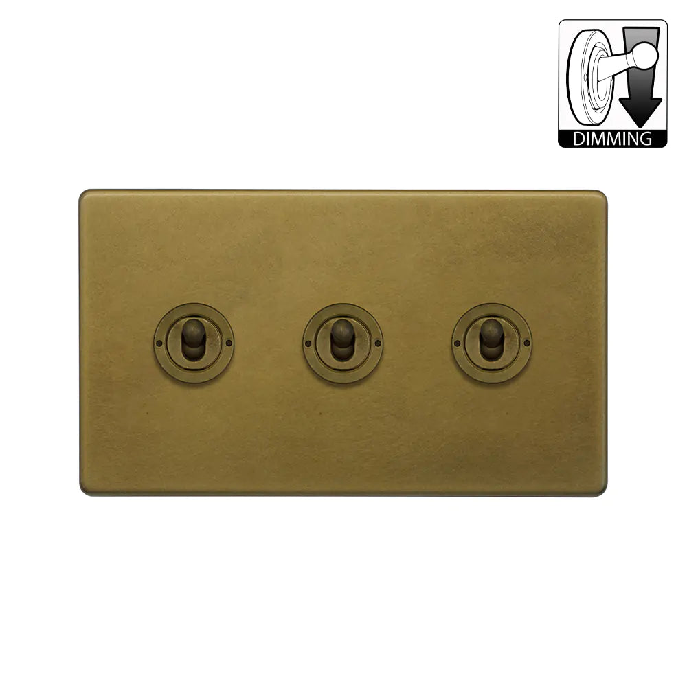 Soho Lighting 3 Gang Dimming Toggle Switch - Old Brass - Uneeka