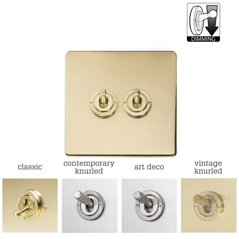 Soho Lighting 2 Gang Dimming Toggle Switch - Brushed Brass - Toggle Options - Uneeka
