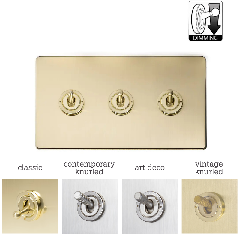 Soho Lighting 3 Gang Dimming Toggle Switch - Brushed Brass - Toggle Options - Uneeka