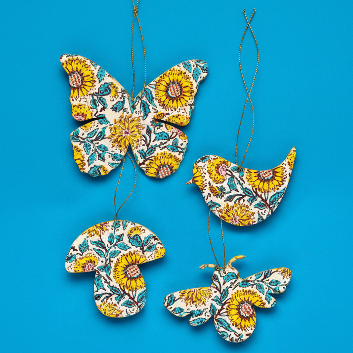 Assorted Shape Block Printed Sunflower Decoration - HDEC501 - Uneeka