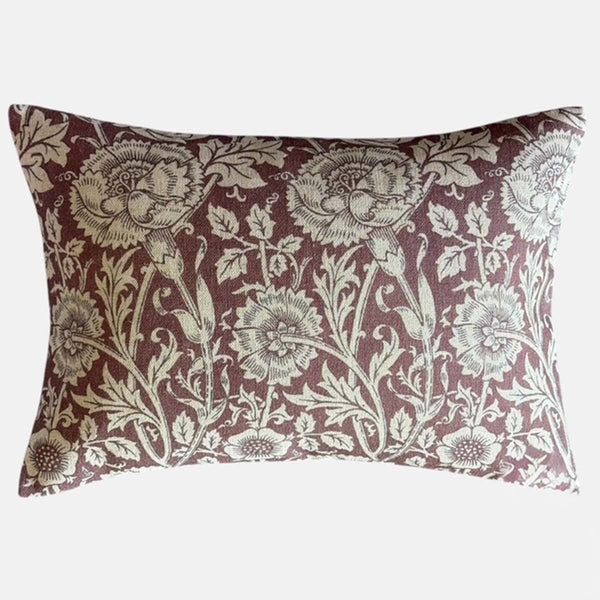 Thistle Floral Print Rectangular Cushion - Burgundy - Linen Look - Uneeka