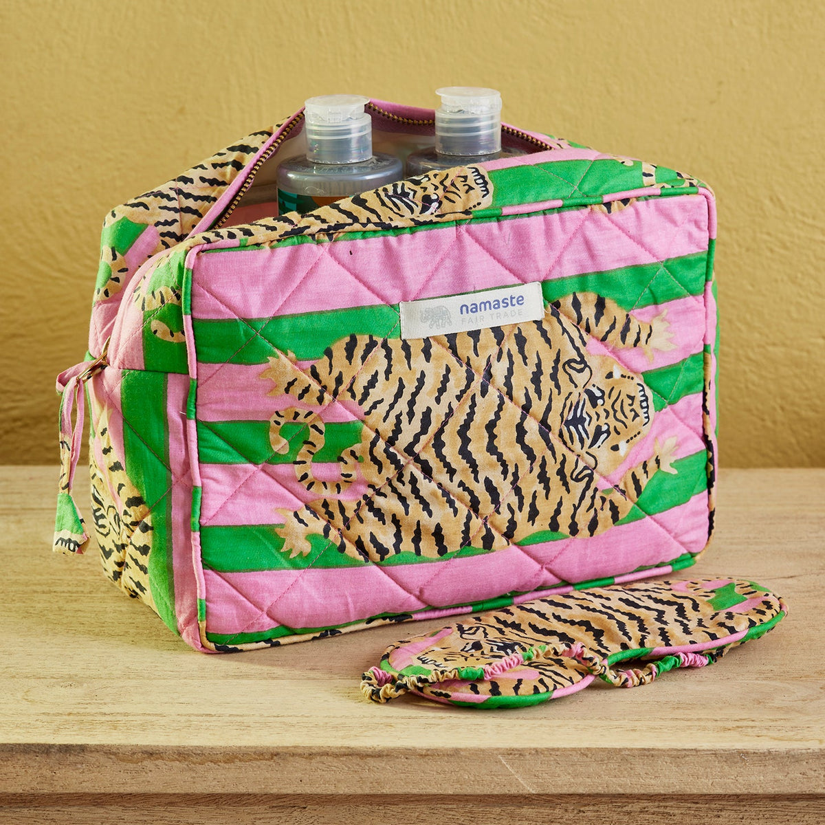 Tiger Print Green & Pink Stripe Wash Bag - WBAG6 - Uneeka