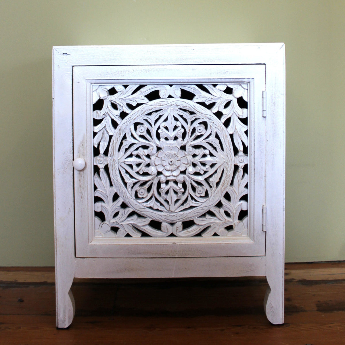 Whitewash Ornate Cut Out Bedside Cabinet - 10839 - Uneeka