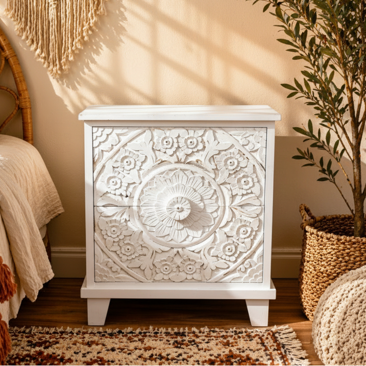Whitewash Carved Front Two Drawer Cabinet - 12040 - Uneeka