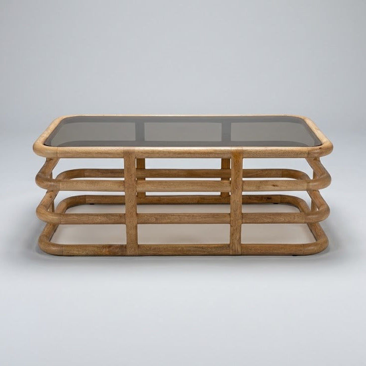 Wooden Cage Frame Coffee Table With Tinted Glass Top - Uneeka