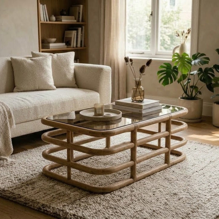 Wooden Cage Frame Coffee Table With Tinted Glass Top - Uneeka