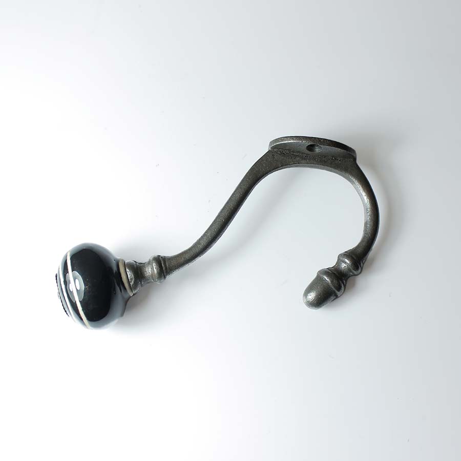 Antique Iron Albany Black and White Ceramic Tip Coat Hook - E136.WU - Uneeka