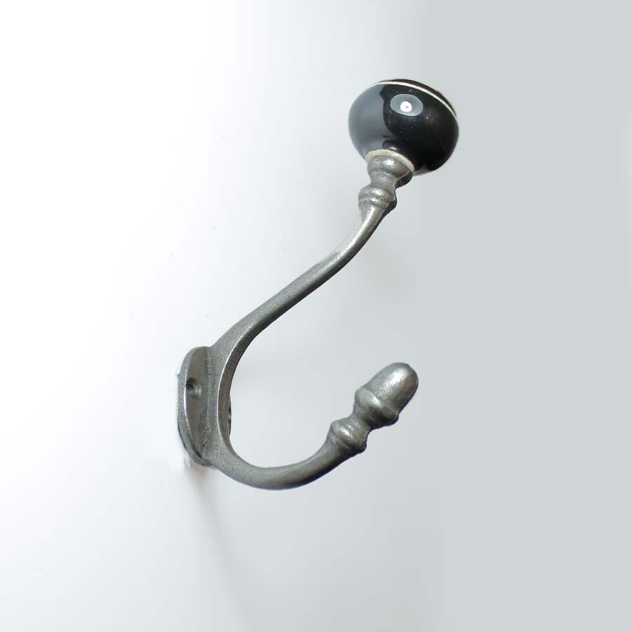 Antique Iron Albany Black and White Ceramic Tip Coat Hook - E136.WU - Uneeka