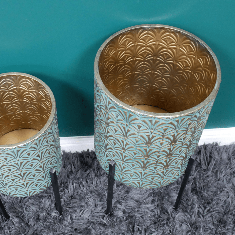 Art Deco Blue and Gold Metal Planters - 7878S - Uneeka