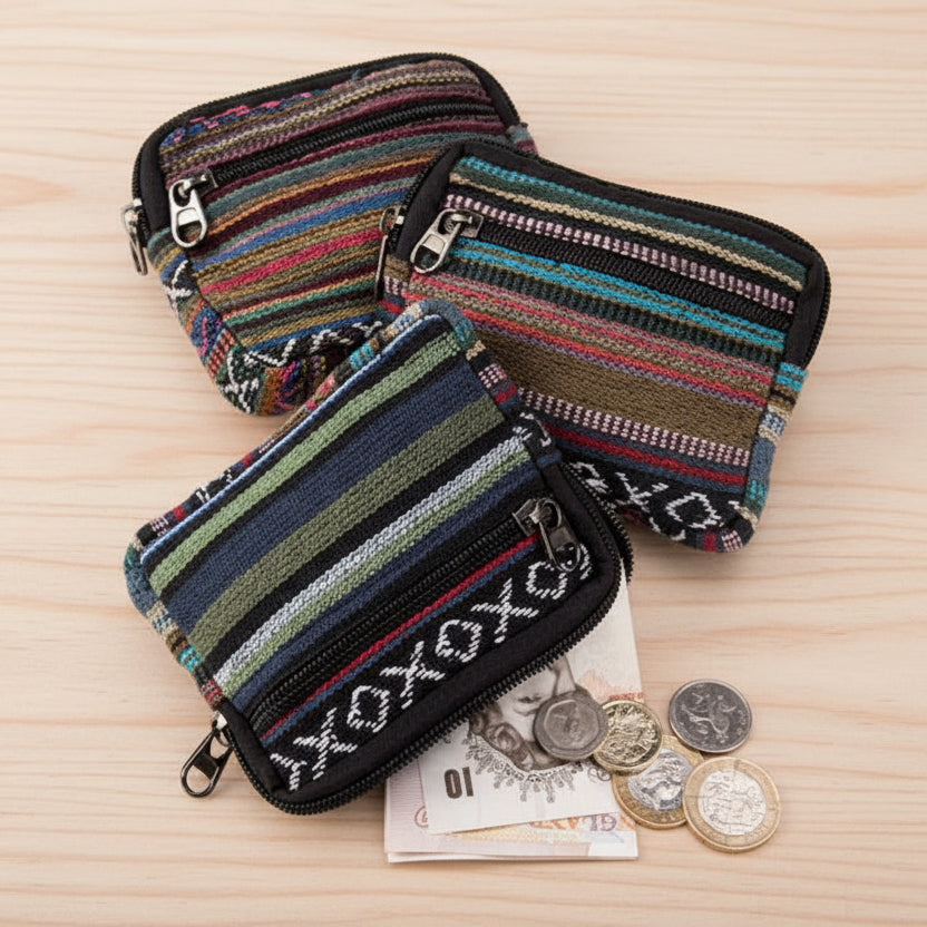 Assorted Colour Double Zip Nepali Stripe Purse - P502 - Uneeka