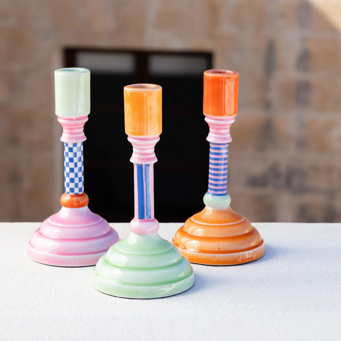 Block Colour Enamel Candle Stick Holder - CSHOP - HOLD - MTL - STR - CHECK - Uneeka