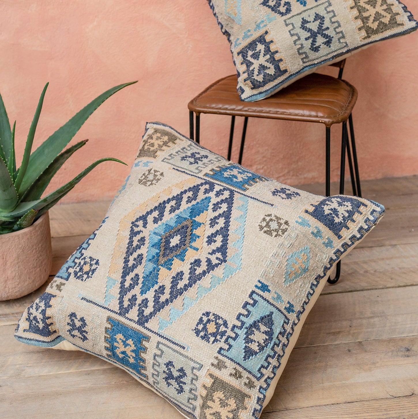 Blue Geometric Handloom Kilim Cushion - CCXL532 - Uneeka