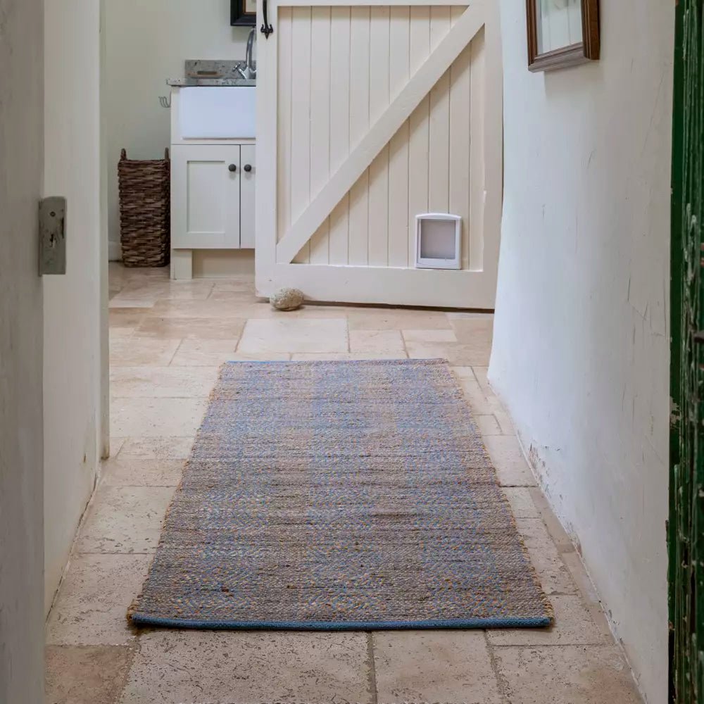 Blue Geometric Pattern Jute Runner Rug - CJ24889 - Uneeka