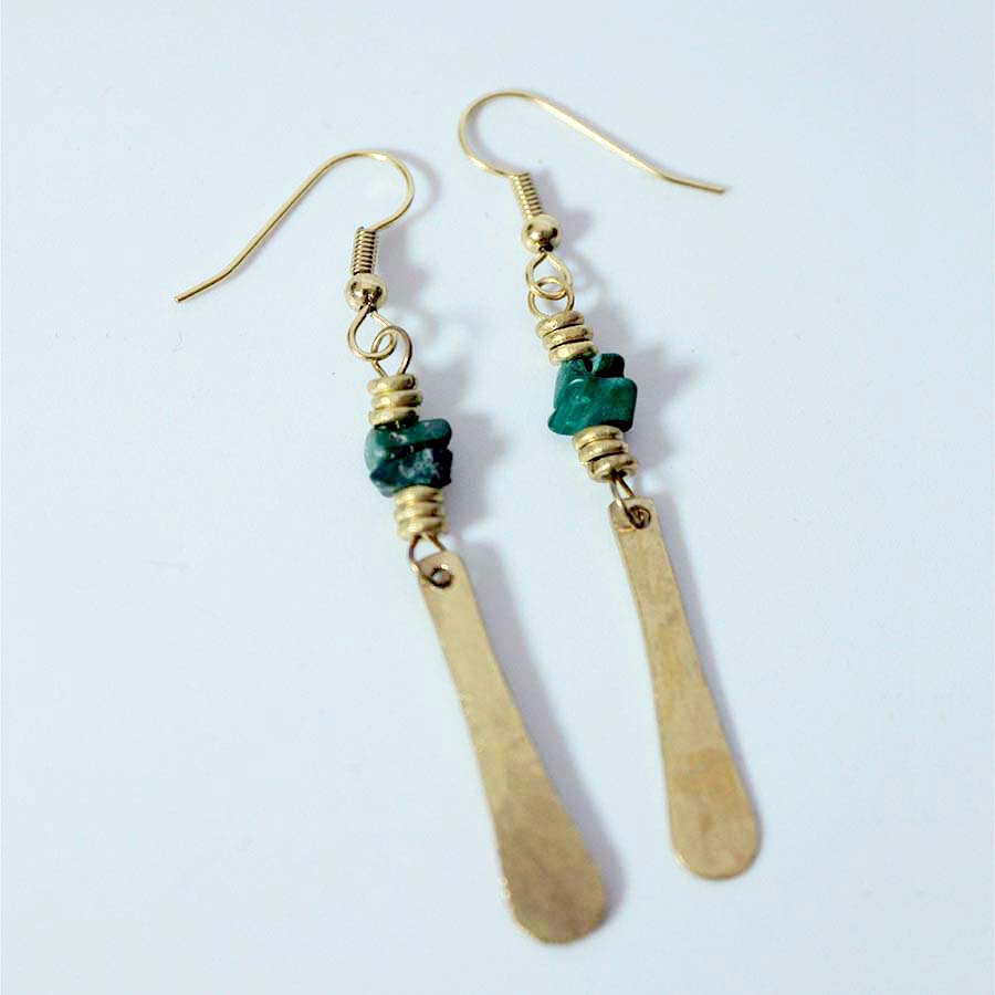 Brass And Malachite Chip Short Petal Earrings - JEMB30 - Uneeka