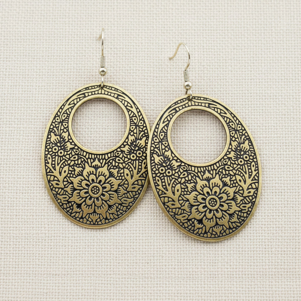 Brass Floral Oval Shape Drop Earrings - TARE2407 - Uneeka