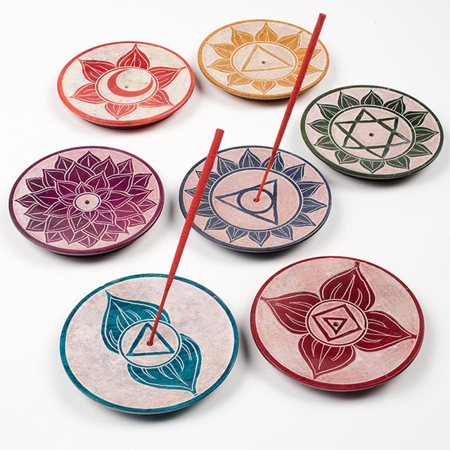 Chakra Carved Round Incense Plate - IH10 y - Uneeka