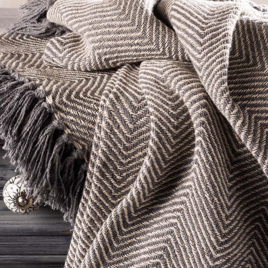 Charcoal Herringbone Handloom Throw - B7 - Uneeka