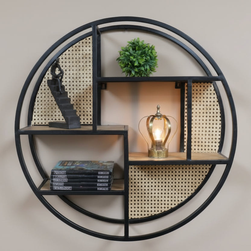 Circular Rattan & Black Steel Frame Wall Unit - 10177 - Uneeka