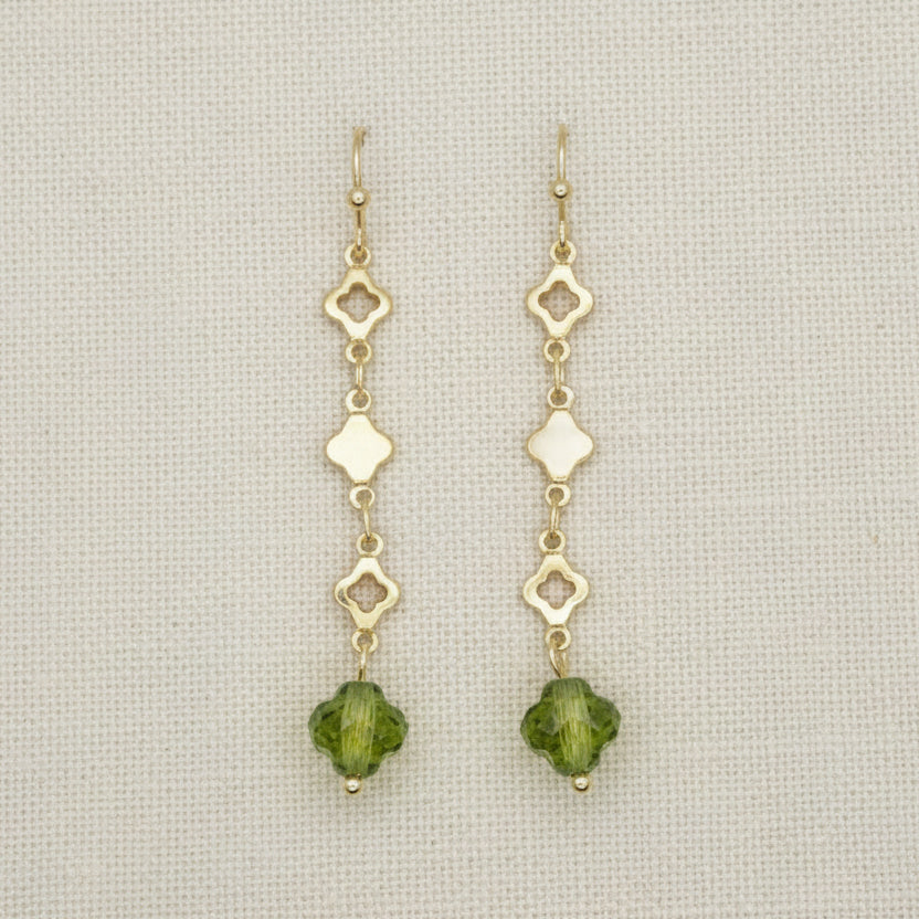 Clover Shapes with Coloured Glass Gold Drop Earrings - CE - 4844 - MGGR - Uneeka