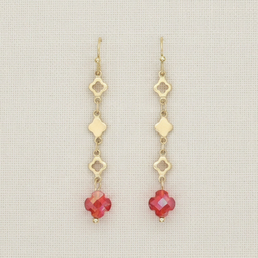 Clover Shapes with Coloured Glass Gold Drop Earrings - CE - 4844 - MGRD - Uneeka